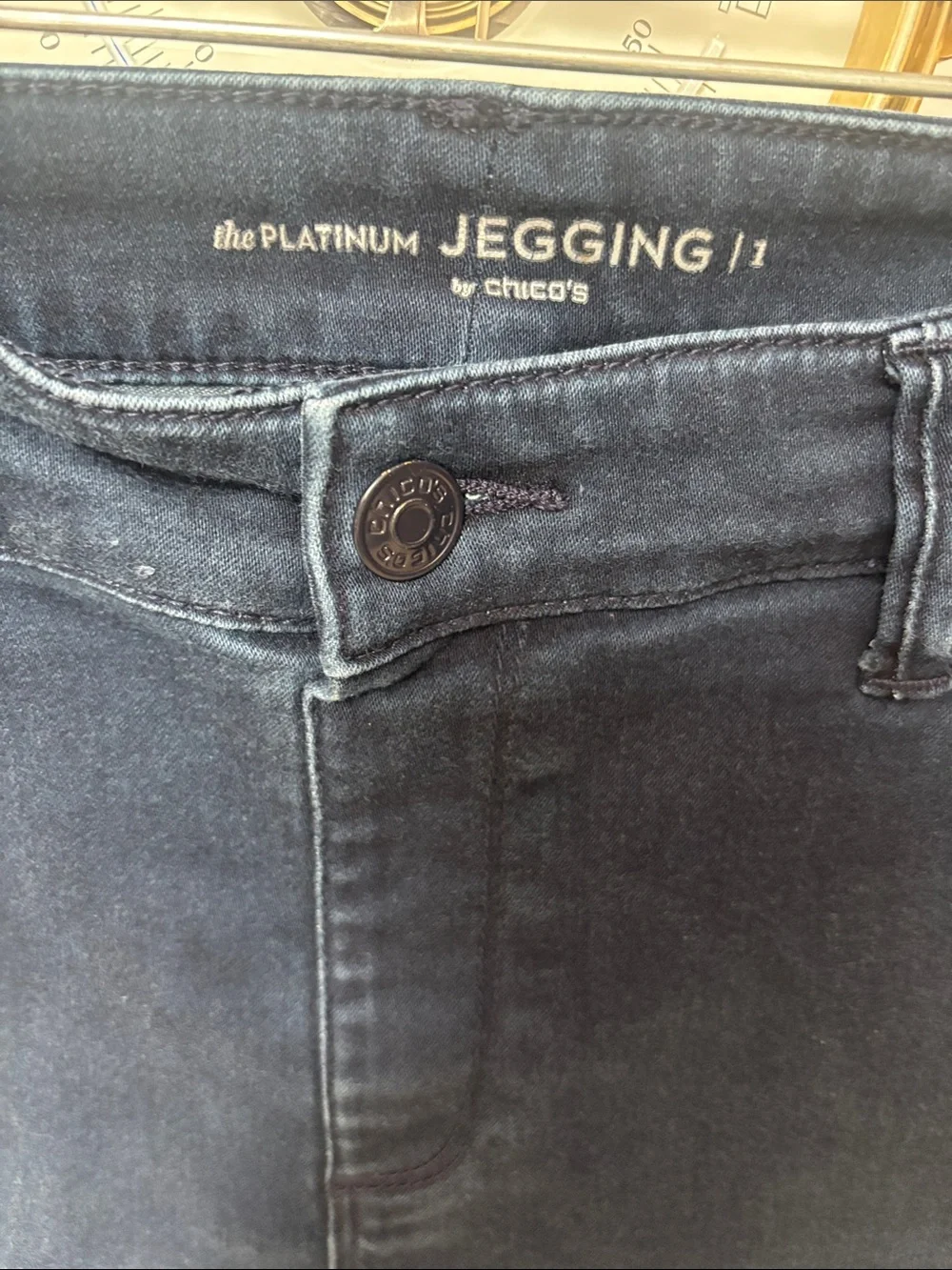 Chico's Platinum jeggings in a dark wash blue featuring a classic five-pockets